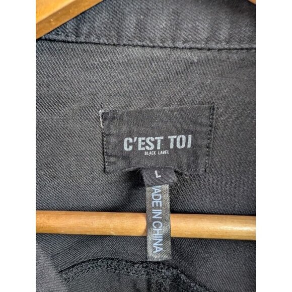 C'est Toi black label women's size large black denim cropped jacket, raw edge B4 - Picture 3 of 10